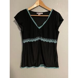 Linea Donatella Top Womens Medium Black Lace Trim Babydoll Stretch Fairy Y2K